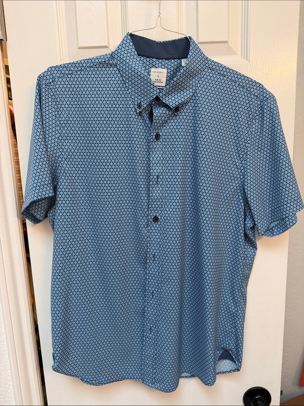 Light Blue Short-Sleeve Button-Down Shirt with Micro Print